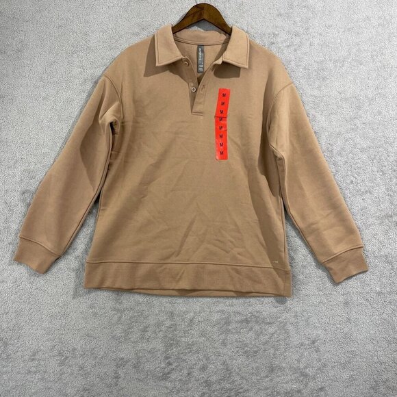 NEW Mondetta Women's M Collared Pullover Sweatshirt Tan Relaxed Fit Ribbed - Picture 1 of 8